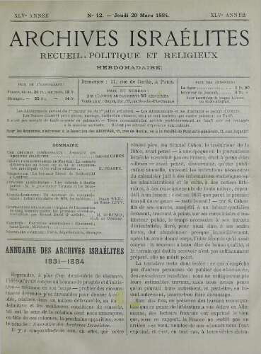 Archives israélites de France. Vol.45 N°12 (20 mars 1884)
